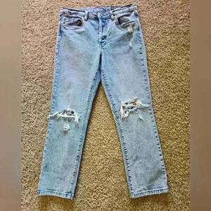 BlankNYC Light-Wash Distressed Jeans with Mickey Mouse Patches on Knees, Size 28